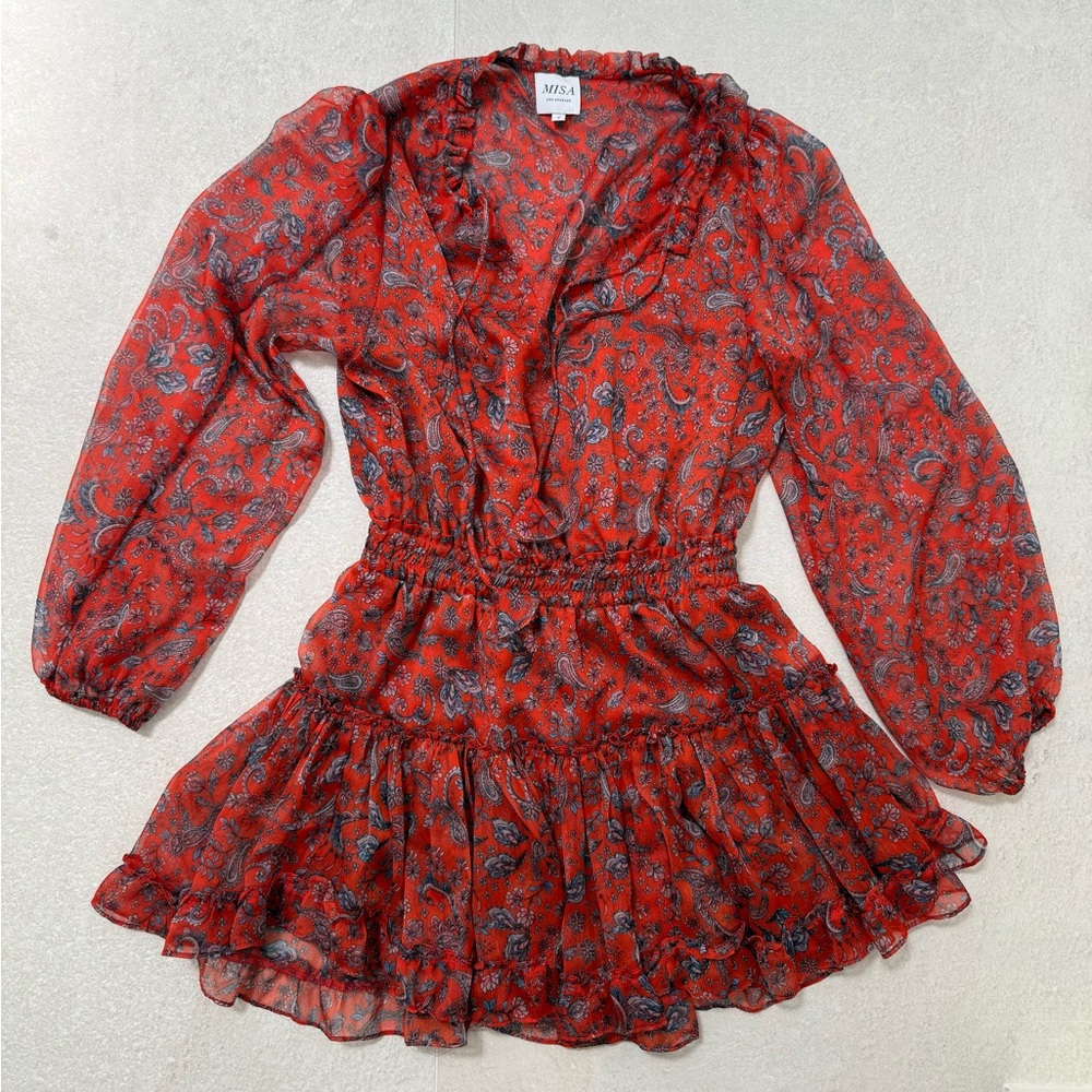 Misa Los Angeles Red Ruffled Wrap Dress